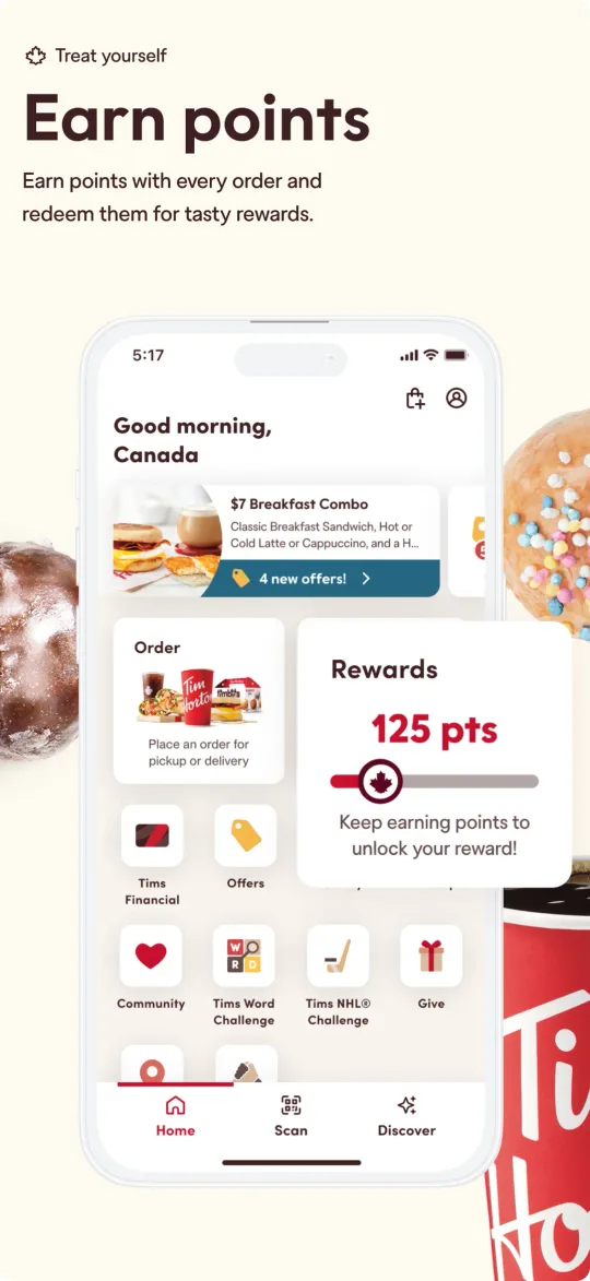 Tim Hortons app home screen showing Tims Rewards points